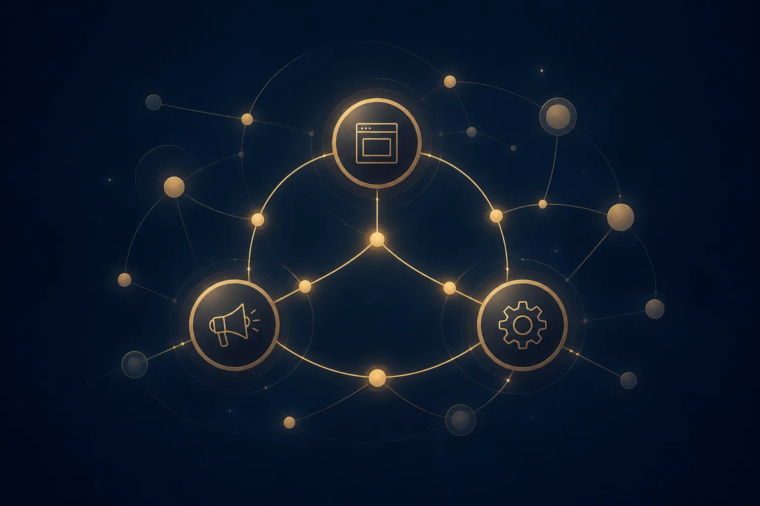 Abstract connected nodes representing a unified website, marketing, and operations system