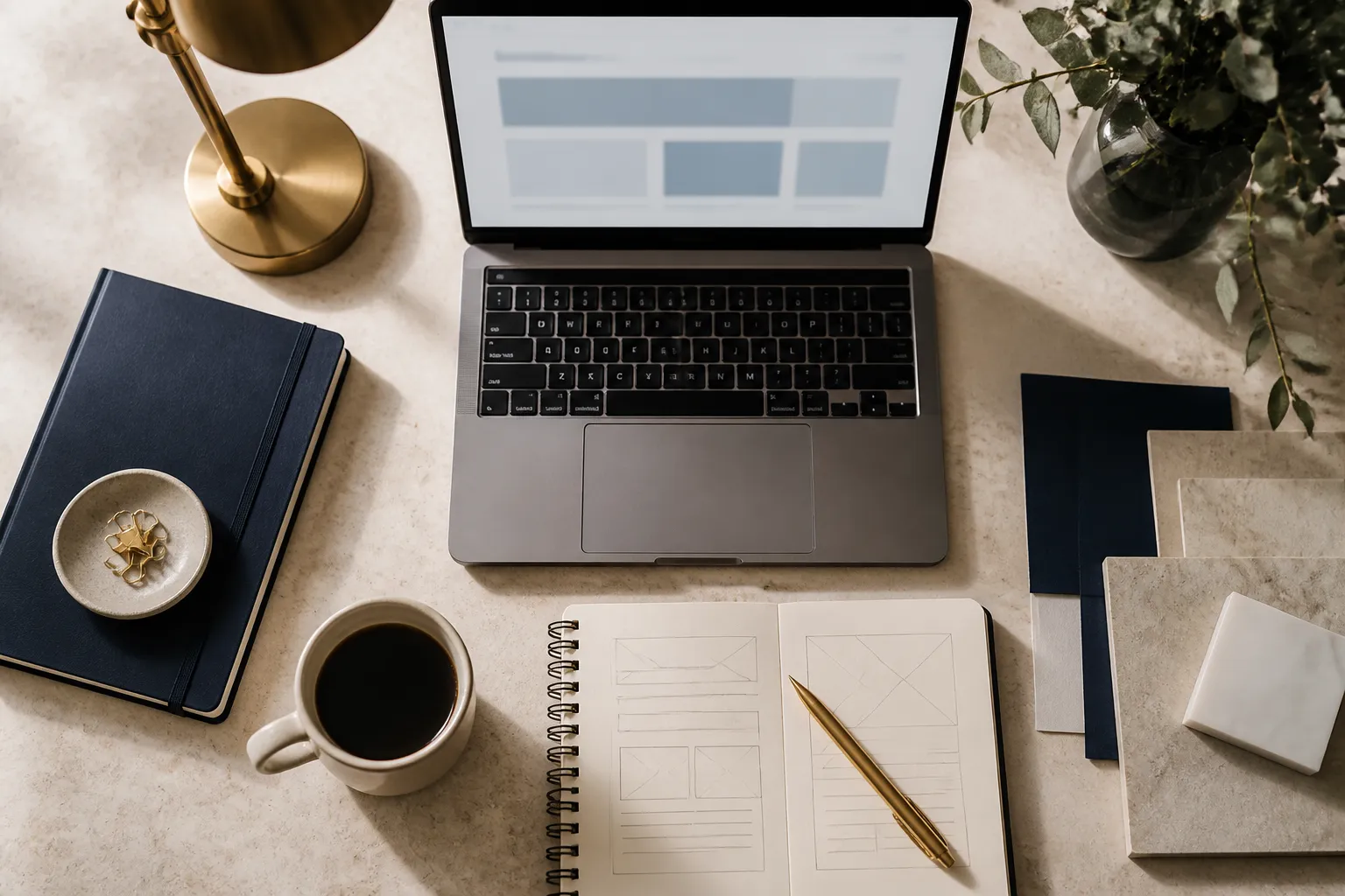 Studio workspace with website wireframes, representing hand-crafted web design
